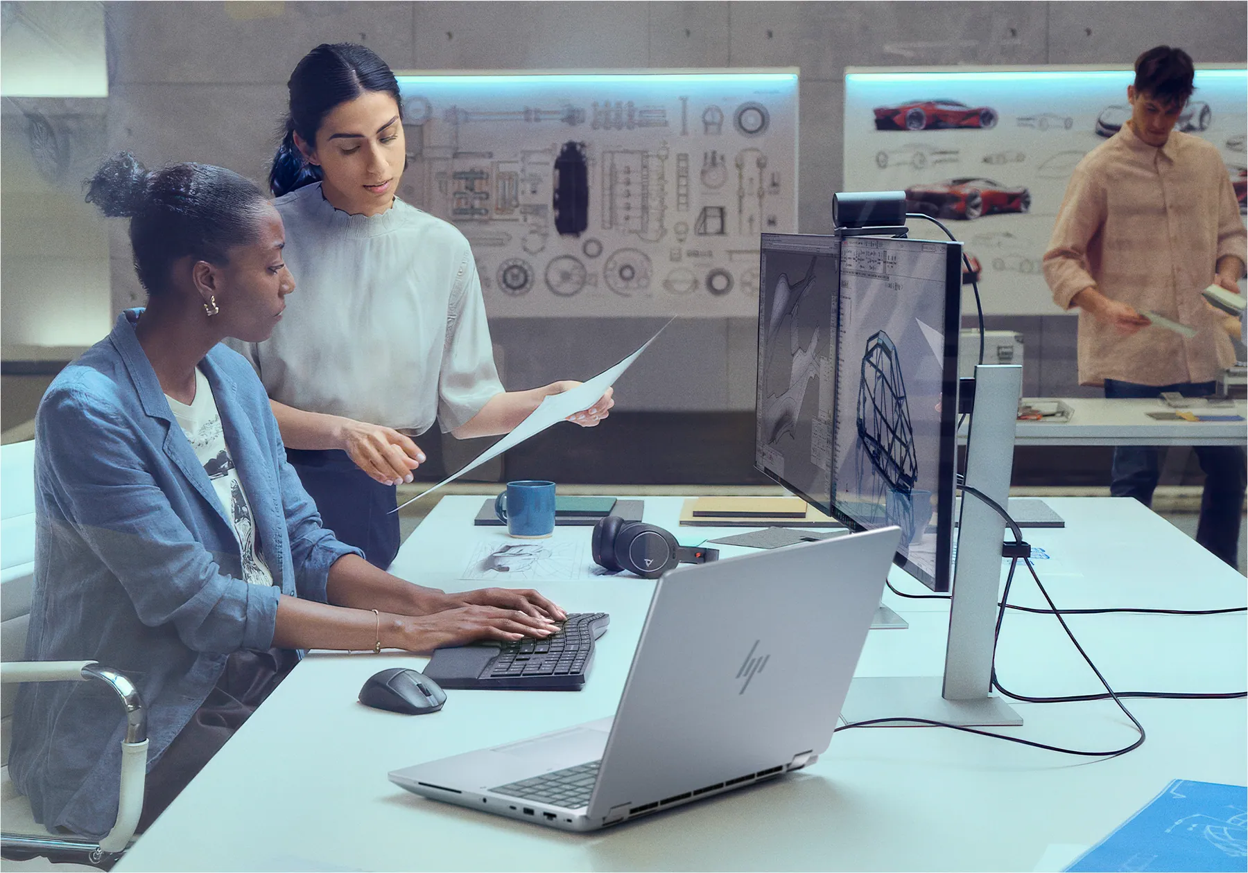 Profesioniști lucrând pe HP ZBook Fury într-un studio de design